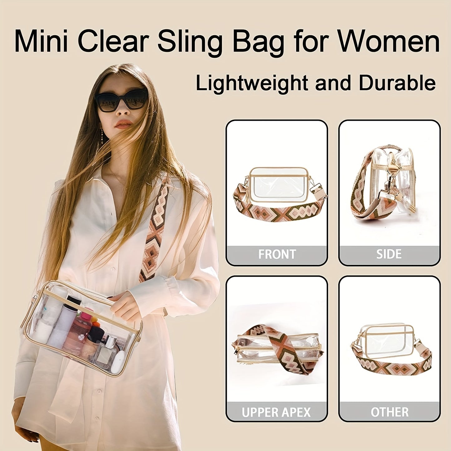 solvbao  Clear Waterproof Crossbody Bag, Geometric Strap Shoulder Bag, Trendy PVC Square Purse For Travel Beach & Concert