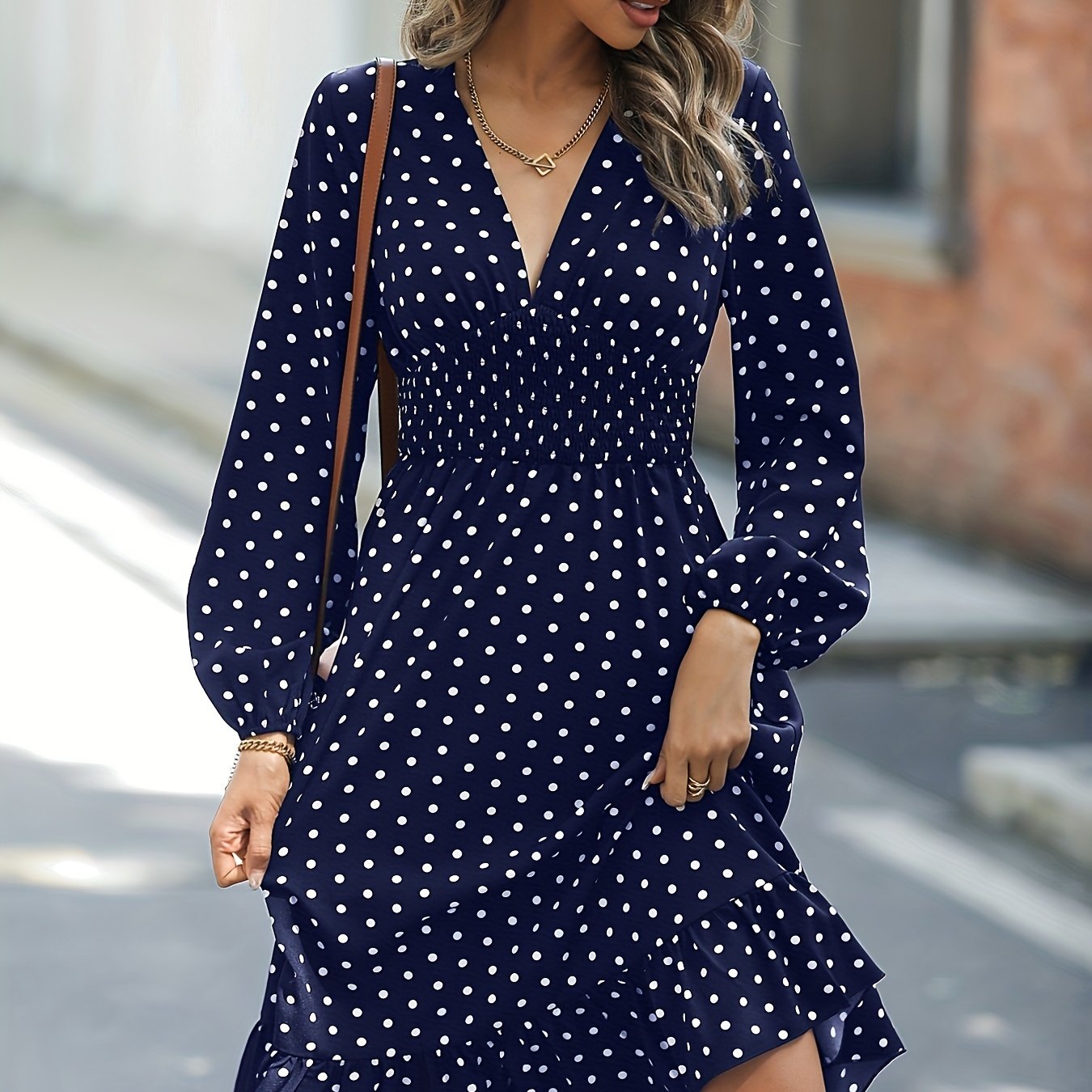 solvbao  Retro V-neck Ruffle Dress, Polka Dot Print Long Sleeve Waist Loose Summer Dresses, Women's Clothing