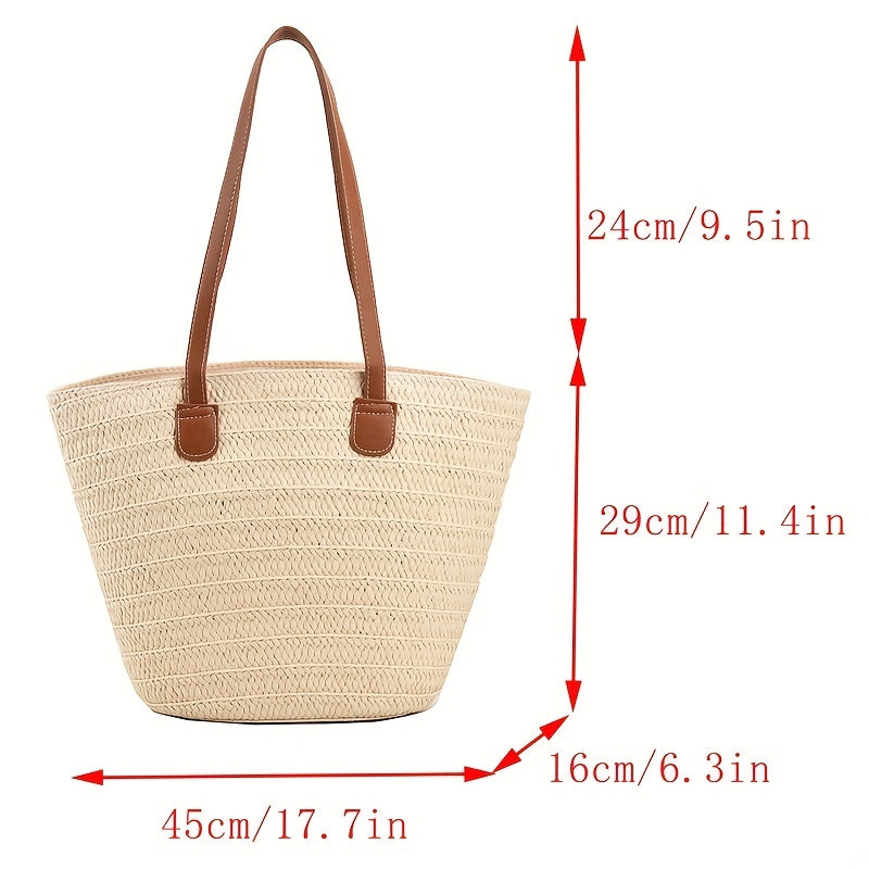 solvbao  Straw Woven Tote Bag, Bamboo Handle Beach Bag, Boho Style Handbag For Travel Vacation