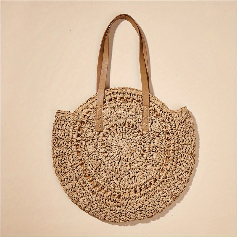 solvbao  Summer Hollow Design Round Straw Bag, Minimalist Woven Women's Shoulder Bag, Beach Bag