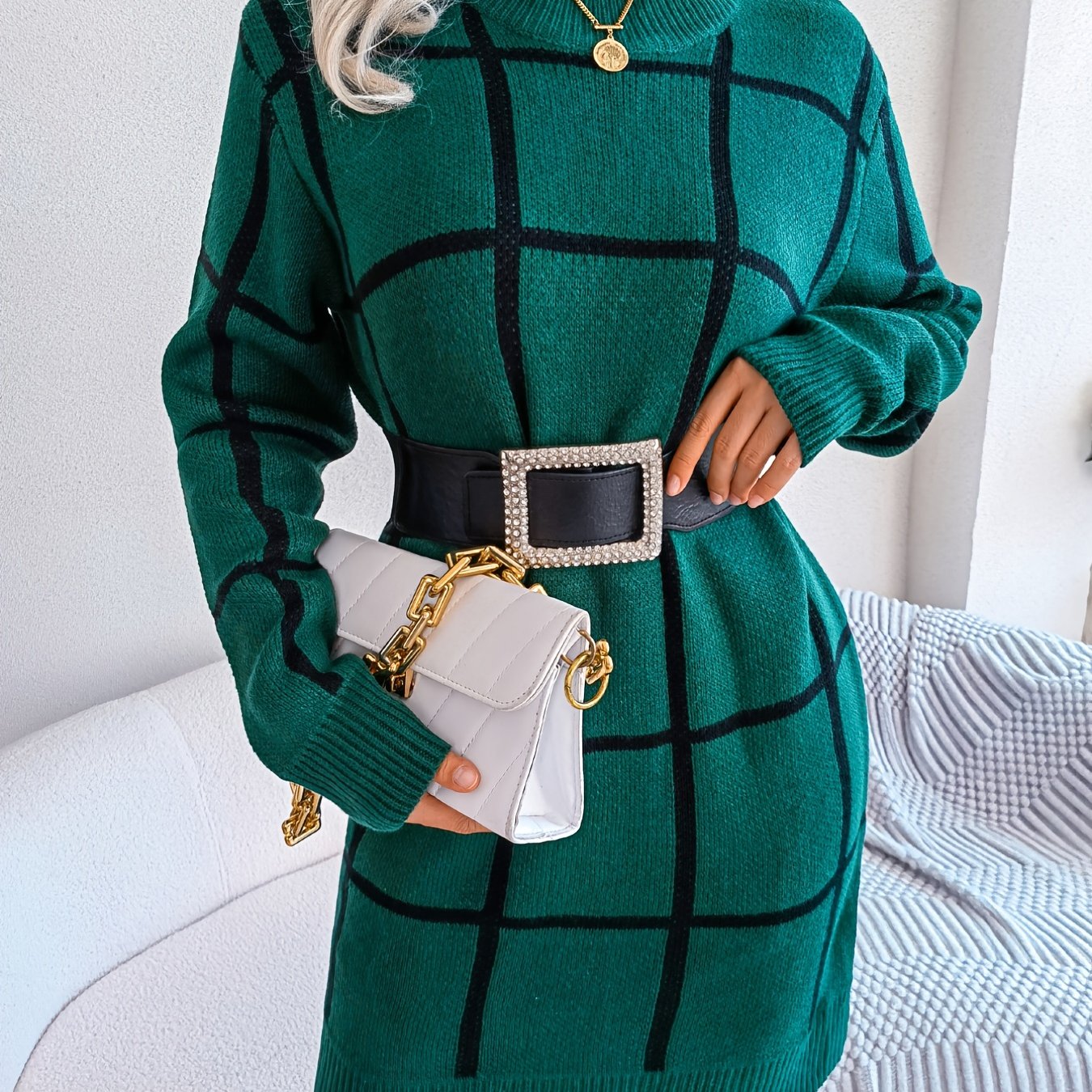 solvbaoColor Block Plaid Round Neck Long Sleeve Sweater Dress, Bag Hip Casual Bodycon Loose Dress, Women's Clothing