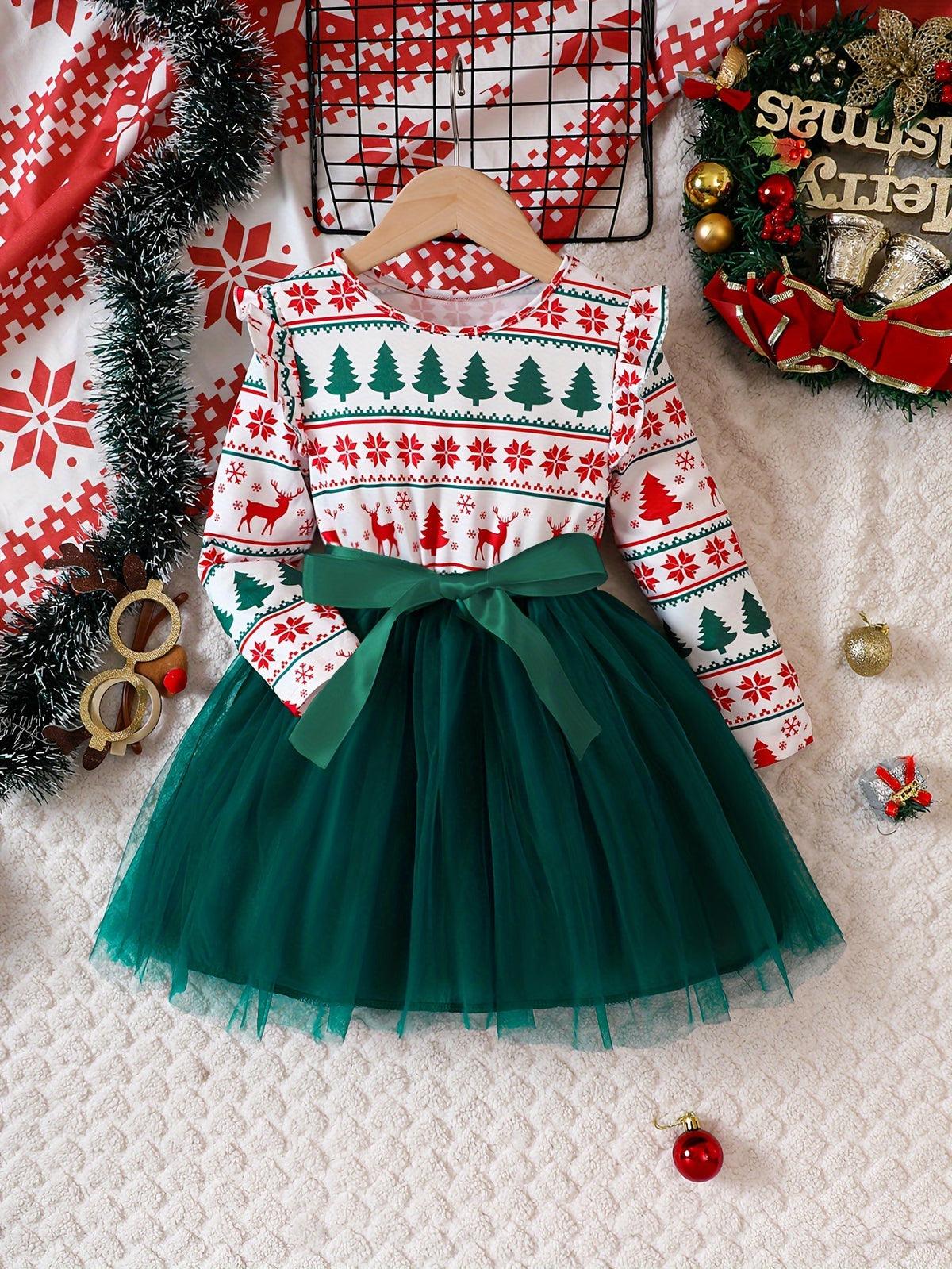 Festive Christmas Princess Dress - Long Sleeve, Ruffle Hem, Satin Bow, Digital Print Tulle Skirt, Party-Perfect, Slight Stretch, Polyester & Elastane Blend Fabric - Ideal for Fall/Winter Season, Holiday Parties, and Special Occasions