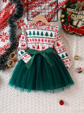 Festive Christmas Princess Dress - Long Sleeve, Ruffle Hem, Satin Bow, Digital Print Tulle Skirt, Party-Perfect, Slight Stretch, Polyester & Elastane Blend Fabric - Ideal for Fall/Winter Season, Holiday Parties, and Special Occasions