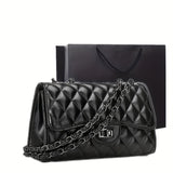 Women's Classic Square Shoulder Bag, Turn-Lock Quilted Detail Chain Bag, All-Match Bag