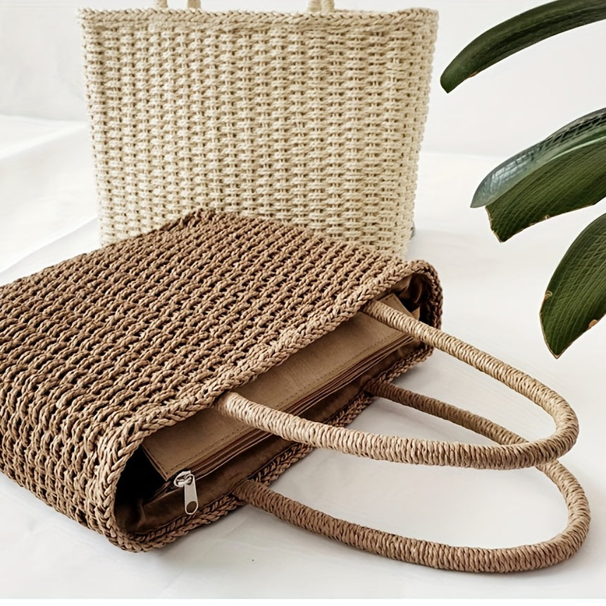 solvbao  Rattan Woven Tote Bag, Simple Large Capacity Handbag, Women's Summer Straw Beach Bag