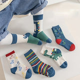 5 Pairs Of Boy's Cute Dinosaur Pattern Knitted Socks, Comfy Breathable Soft Crew Socks For Kid's Outdoor Wearing