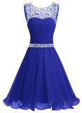 Beaded Chiffon Round Neckline Short Party Dress, Blue Chiffon Homecoming Dresses