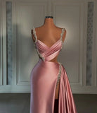 kamahe Glamorous Pink Prom Dress Sweetheart Spaghetti Strap With High Slit Trail