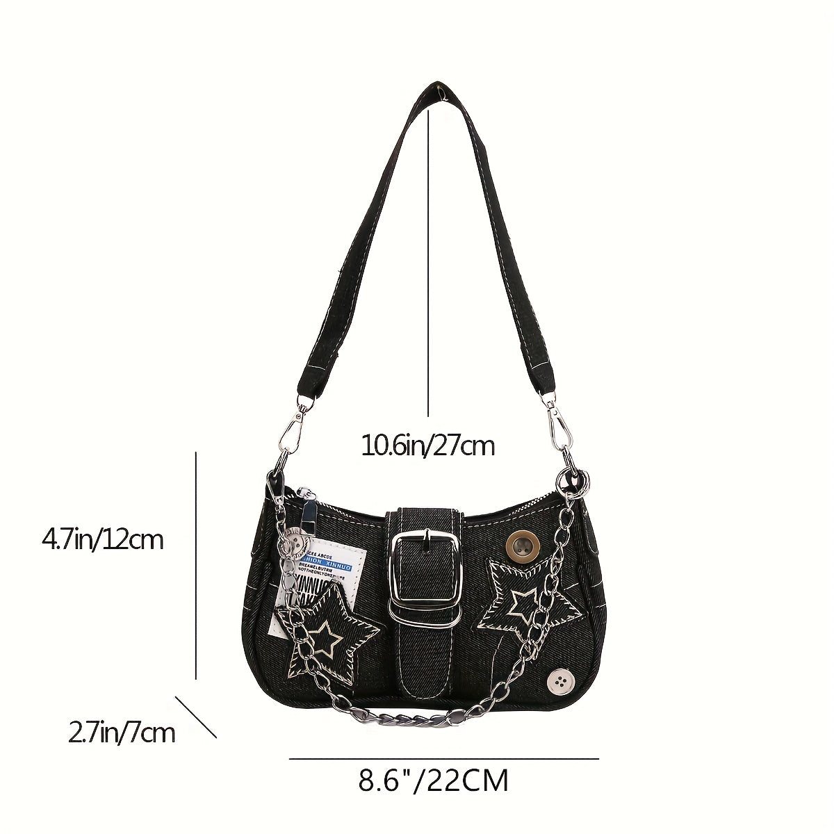 Y2K Denim Shoulder Bag For Women, Star Patch Decor Underarm Purse, Trendy Chain Handbag With Buckle