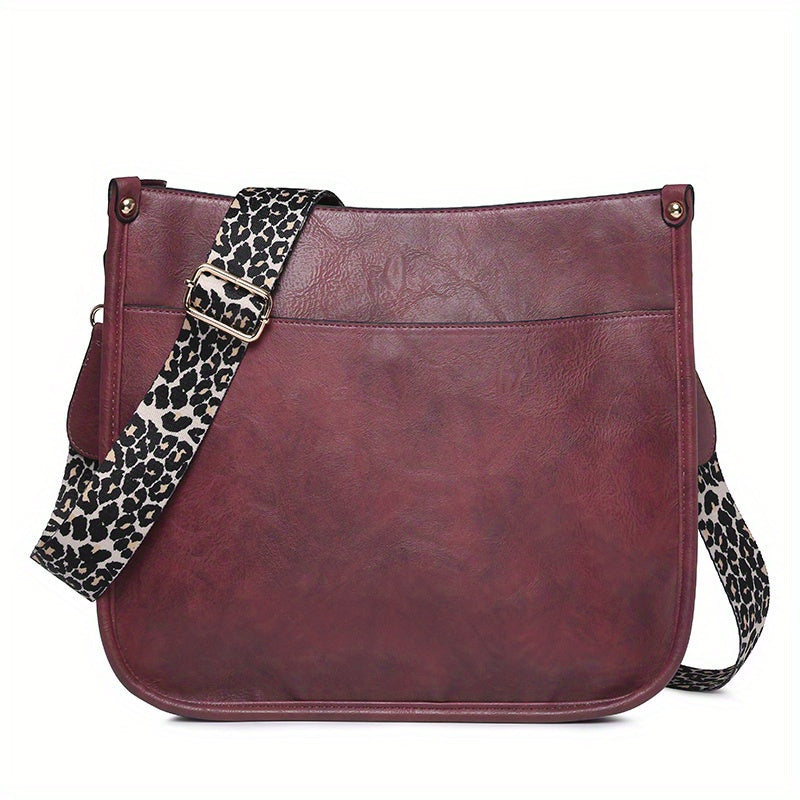 solvbao Leopard Print Straps Crossbody Bag, Solid Color Saddle Bag, Shoulder Zipper Bag For Work