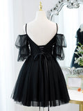 Black A line V Neck Lace Short/Mini Prom Dress, Black Puffy Homecoming Dresses