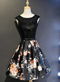 Black Floral Satin and Lace Round Neckline Short Party Dress Prom Dress, Black Homecoming Dresses