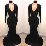 kamahe Black Lace V-Neck Prom Party Gowns| Mermaid Long-Sleeve Evening Gowns