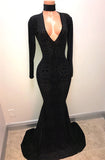 kamahe Black Lace V-Neck Prom Party Gowns| Mermaid Long-Sleeve Evening Gowns