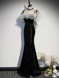 kamahe Black mermaid long prom dress, black evening dress