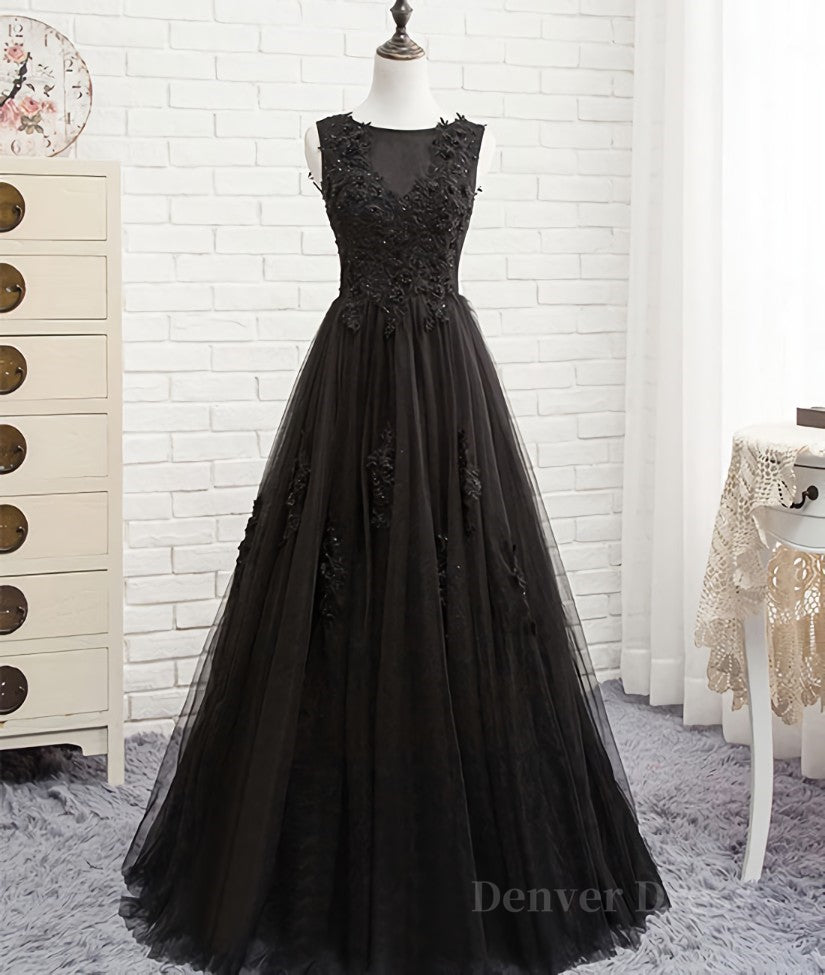 kamahe Black round neck tulle lace long prom dress, black evening dress