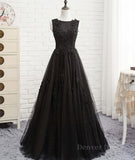 kamahe Black round neck tulle lace long prom dress, black evening dress