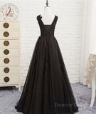 kamahe Black round neck tulle lace long prom dress, black evening dress