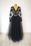 kamahe Black v neck lace tulle long evening dress black lace prom dress