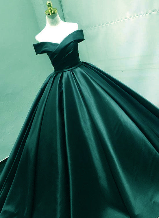 Solvbao Green Satin Off Shoulder Prom Gowns, Prom Dress, Charming Party Gowns