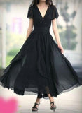 solvbao Black Chiffon Short Sleeves V-neckline Bridesmaid Dresses, Black Evening Dresses, Prom Dresses