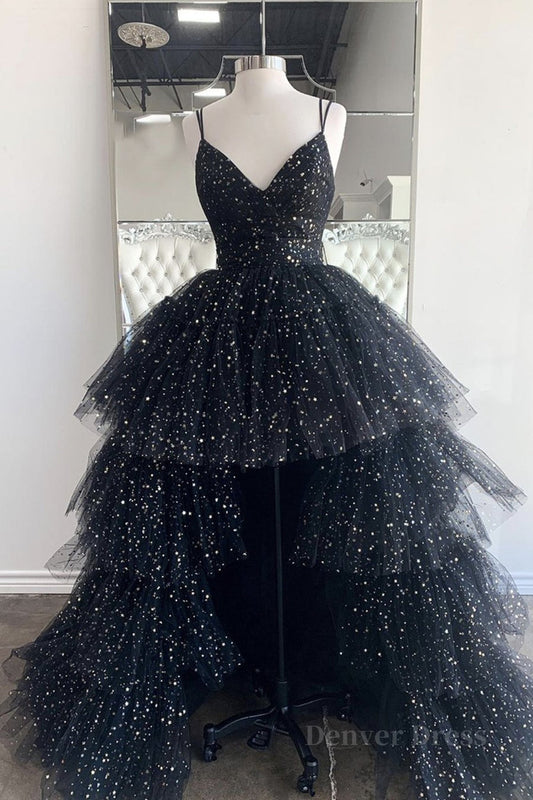 kamahe Bling Bling V Neck High Low Black Long Prom Dresses, Fluffy Black Formal Evening Dresses, Ball Gown