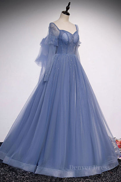 kamahe Blue sweetheart tulle sequin long prom dress blue formal dress