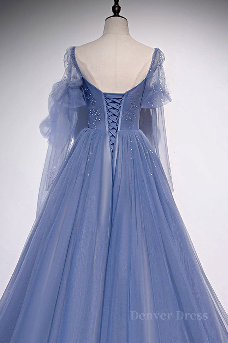 kamahe Blue sweetheart tulle sequin long prom dress blue formal dress