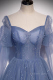 kamahe Blue sweetheart tulle sequin long prom dress blue formal dress