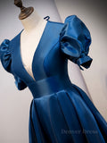 kamahe Blue v neck satin long prom dress blue satin evening dress