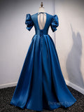 kamahe Blue v neck satin long prom dress blue satin evening dress