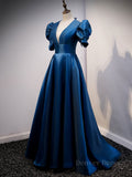 kamahe Blue v neck satin long prom dress blue satin evening dress