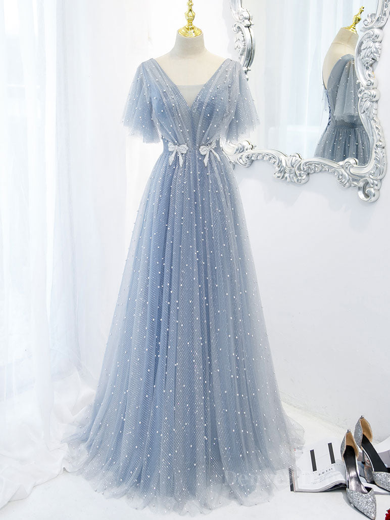 kamahe Blue v neck tulle beads long prom dress, blue tulle formal dress