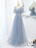 kamahe Blue v neck tulle beads long prom dress, blue tulle formal dress