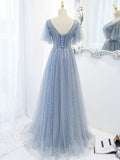 kamahe Blue v neck tulle beads long prom dress, blue tulle formal dress