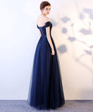 solvbao Navy Blue Tulle Prom Dress , Off Shoulder Prom Dress with Belt, Long Formal Dress