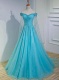 Solvbao Blue Beaded Sweetheart Tulle Long Evening Dress Sweet 16 Dress, Blue Prom Dress