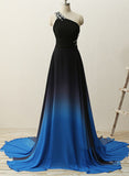 Solvbao One Shoulder Beaded Chiffon Gradient Long Party Dress, Blue Formal Dress, Prom Dress