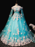 Solvbao Mint Blue Tulle Embroidery Silk Flowers Quinceanera Dress, Blue Long Ball Gown Formal Dress