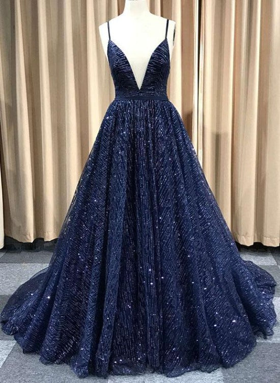 Solvbao A Line V Neck Navy Blue Shiny Long Prom Dresses, Charming Blue Tulle Party Dress Evening Dress