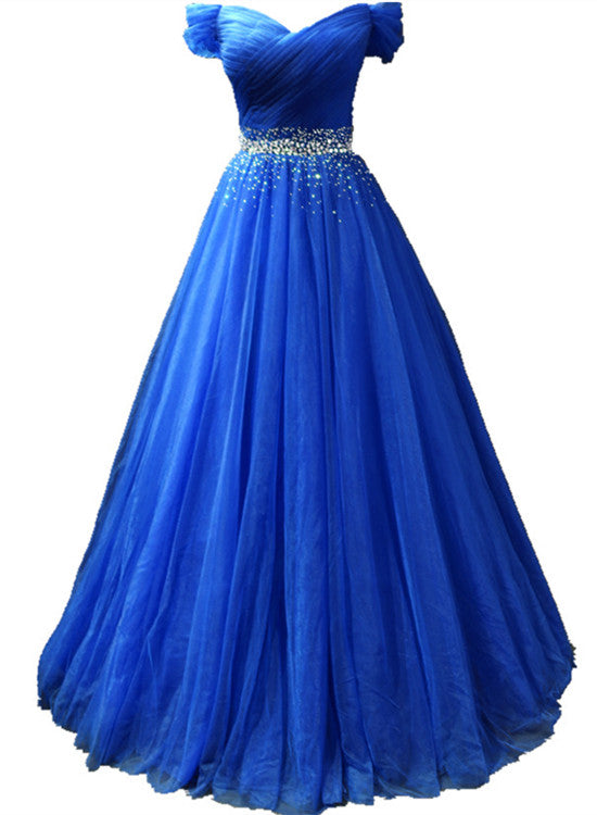 Solvbao Blue Off Shoulder Beaded Sweetheart Party Dress, Blue Prom Dress Evening Gown