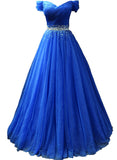 Solvbao Blue Off Shoulder Beaded Sweetheart Party Dress, Blue Prom Dress Evening Gown