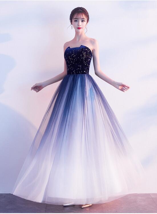 Solvbao Blue Gradient Tulle Simple A-line Party Dress, Blue Gradient Formal Dress Evening Dress