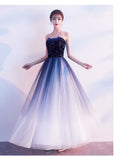 Solvbao Blue Gradient Tulle Simple A-line Party Dress, Blue Gradient Formal Dress Evening Dress