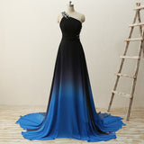 Solvbao One Shoulder Beaded Chiffon Gradient Long Party Dress, Blue Formal Dress, Prom Dress