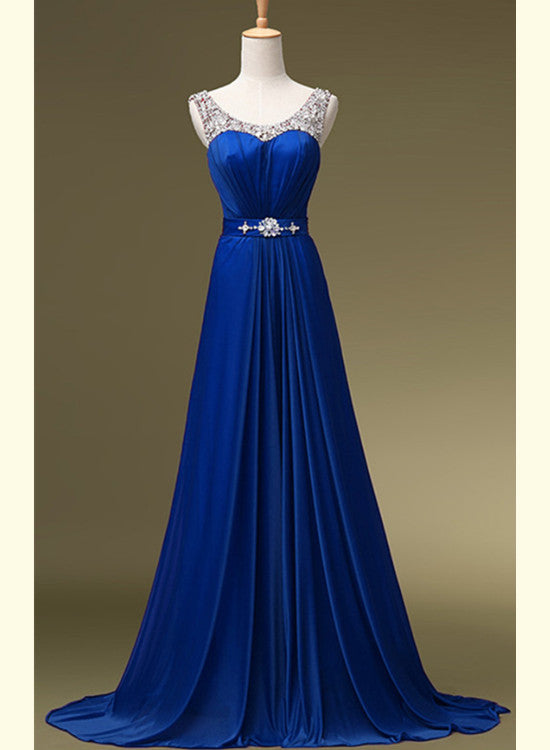 Solvbao Charming Blue Sequins Round Neckline Bridesmaid Dress, A-line Long Prom Dress