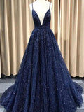 Solvbao A Line V Neck Navy Blue Shiny Long Prom Dresses, Charming Blue Tulle Party Dress Evening Dress