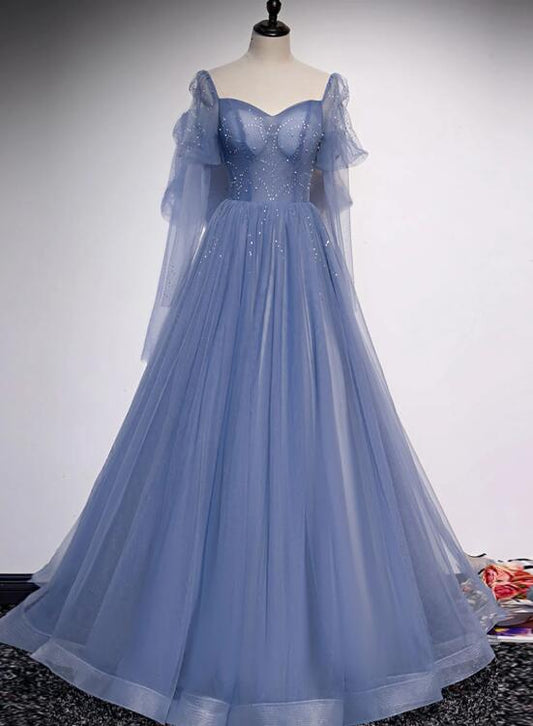 Solvbao Blue Tulle Long Sleeves Beaded Princess Formal Dress, Blue Evening Gown