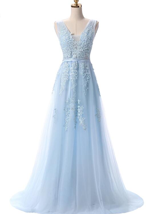 Solvbao Light Blue V-neckline Long Lace Applique Prom Dress, Tulle Formal Dress Evening Dress