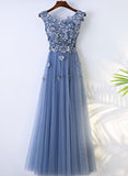 Solvbao Chic Blue Tulle Scoop Neckline Full-length Bridesmaid Dress, Blue Lace Applique Party Dress